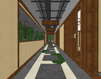 Elevator Hallway Design With Wooden Walls Stone Path And Green Plants 3d model
