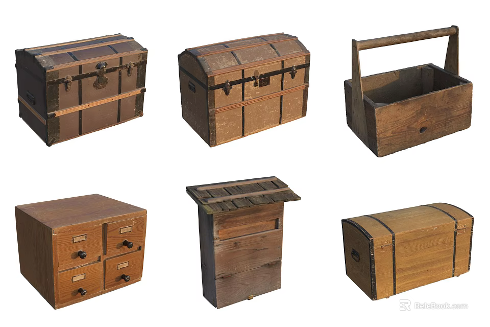 Collection Of Wooden Storage Boxes With Different Designs Lidded Drawers And Handles 3d model 
