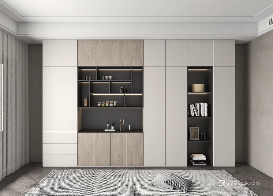Modern Decorative Cabinet Design With Wood White Panels Drawers Open Shelves And Books 3d model 