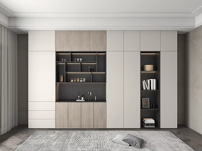 Modern Decorative Cabinet Design With Wood White Panels Drawers Open Shelves And Books 3d model