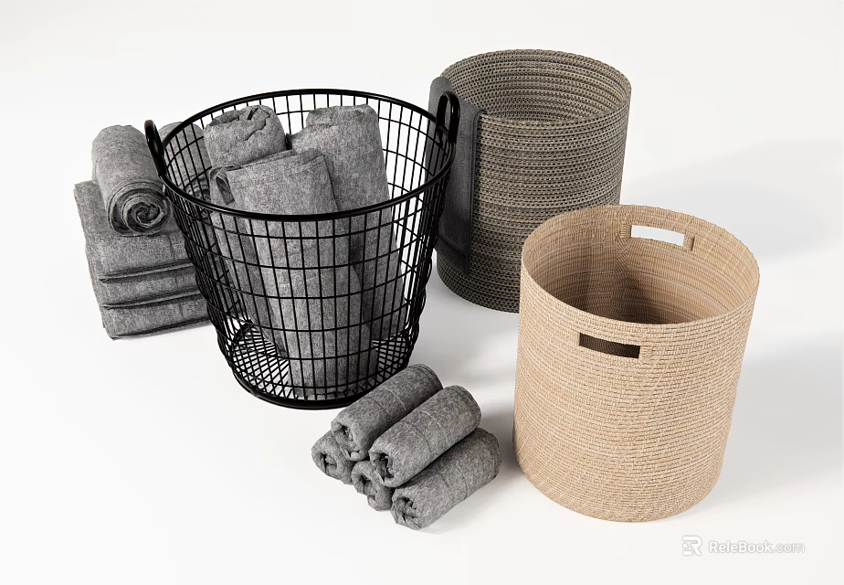 Metal Mesh and Woven Storage Baskets for Home Towel Organizing in Gray Beige Black 3d model 