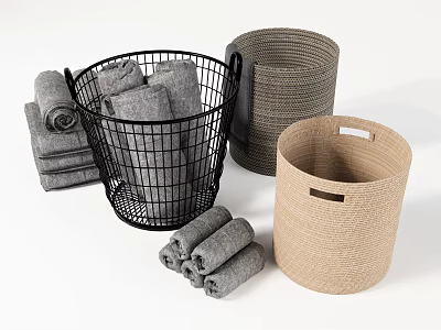 Metal Mesh and Woven Storage Baskets for Home Towel Organizing in Gray Beige Black 3d model