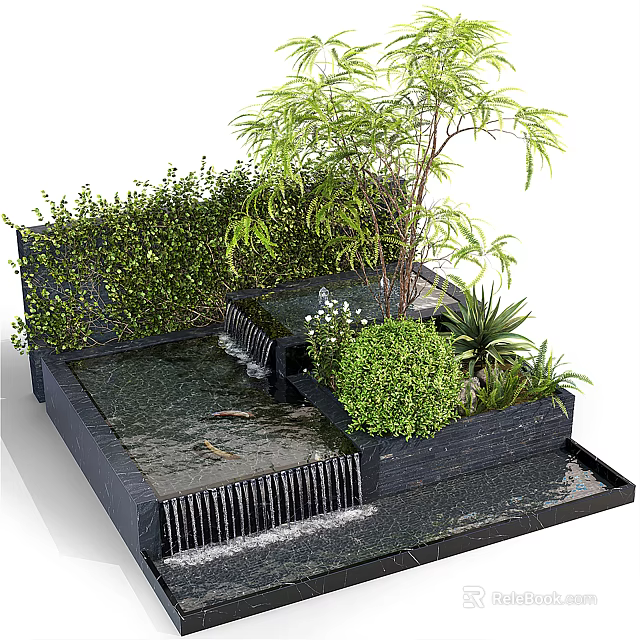 Decorative Garden Ornament With Water Pool Small Waterfall Green Plants Bamboo And Bushes 3d model 