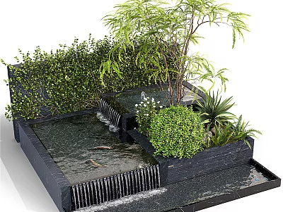 Decorative Garden Ornament With Water Pool Small Waterfall Green Plants Bamboo And Bushes 3d model