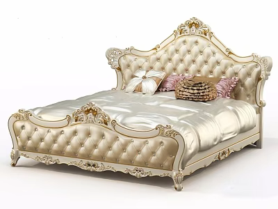 Luxurious Golden Upholstered Double Bed With Ornate Carvings And Accent Pillows 3d model
