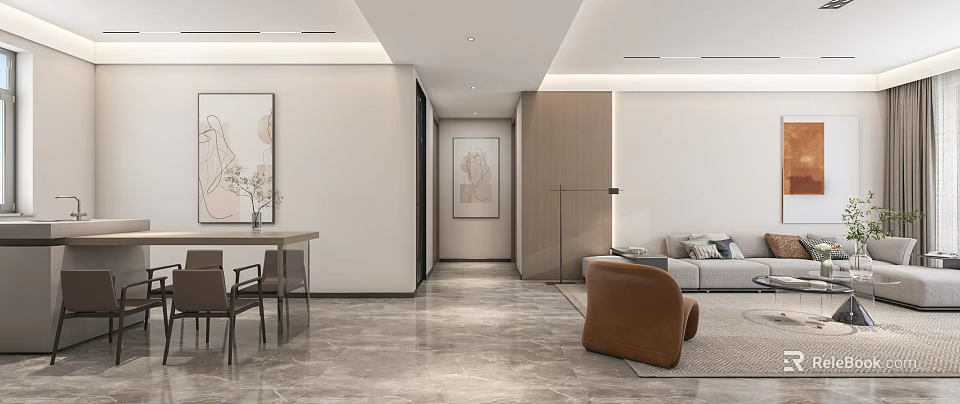 Modern Living Dining Room Interior Design With Neutral Tones Sofa Dining Table And Artwork 3d model