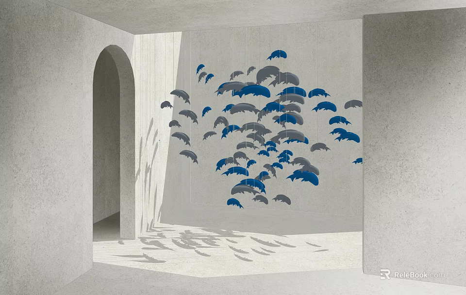 Art Installation in Gray Space with Archway Blue Gray Birds Flying Formation and Floor Shadows 3d model 