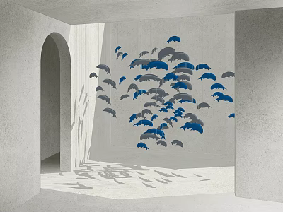 Art Installation in Gray Space with Archway Blue Gray Birds Flying Formation and Floor Shadows 3d model