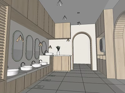 Public Restroom Interior Design With Wooden Cabinets Multiple Sinks Round Mirrors And Ceiling Lights 3d model
