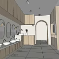 Public Restroom Interior Design With Wooden Cabinets Multiple Sinks Round Mirrors And Ceiling Lights