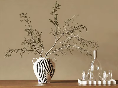 Zebra Patterned Vase With Twigs And Small Leaves On Wooden Table Beige Background 3d model