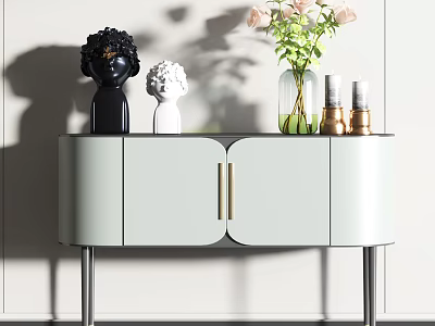Modern Light Green Console Table With Metal Legs And Decorative Vase Sculptures 3d model