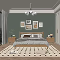 Elegant Bedroom Interior With Green Walls Wooden Bed Frame Paintings White Wardrobes And Dotted Rug