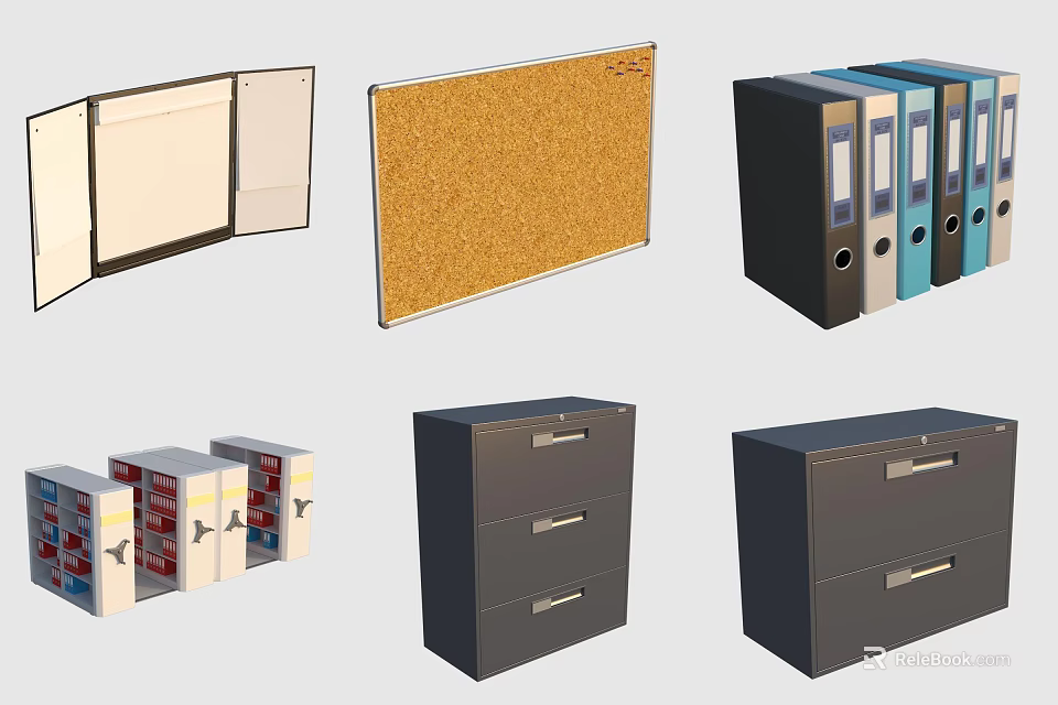 Modern Display Shelves with Open Design Cork Board File Boxes and Drawer Cabinets 3d model 