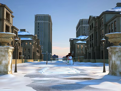 Snowy Residential Complex With Multi Story Buildings Snowman And Stone Pillars 3d model
