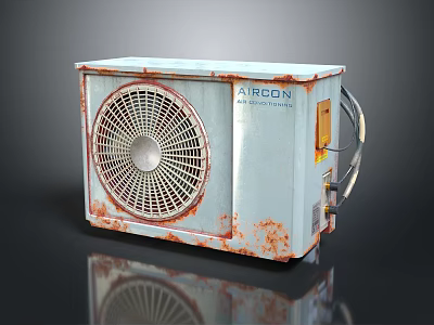 Old Outdoor Air Conditioner Unit Featuring Rusty Body And Fan Grill 3d model
