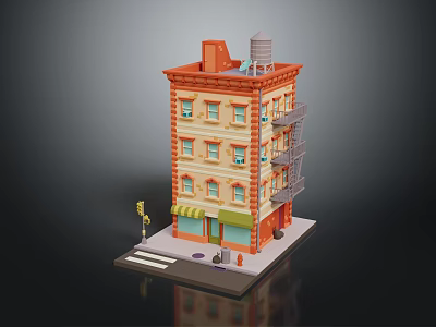 Vintage Multi Story Building With Orange Exterior Fire Escape Storefront And Street Lamp 3d model