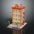 Vintage Multi Story Building With Orange Exterior Fire Escape Storefront And Street Lamp