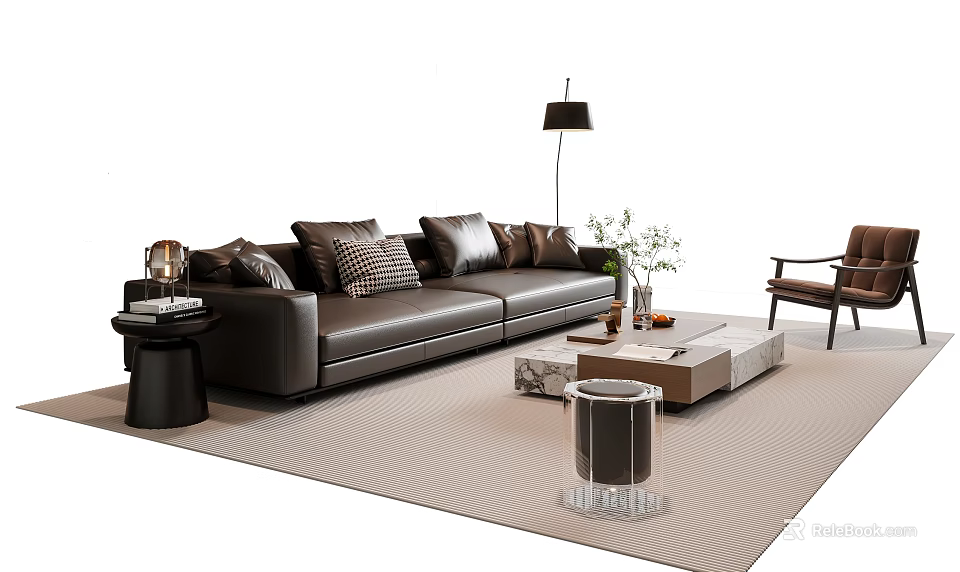 Modern Leather Sofa And Coffee Table Set With Pillows Floor Lamp And Rug 3d model 