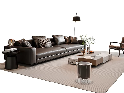 Modern Leather Sofa And Coffee Table Set With Pillows Floor Lamp And Rug 3d model