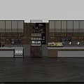 Stylish Coffee Shop Interior Featuring Organized Wooden Display Shelves With Drinks And Snacks