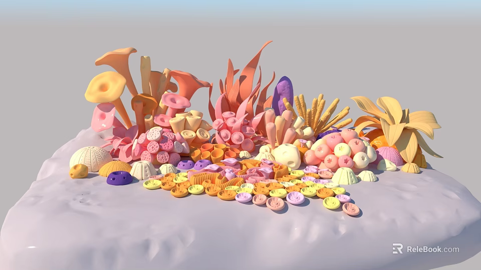 Vibrant Aquatic Plants With Diverse Shapes Colorful Shells And Marine Elements 3d model 