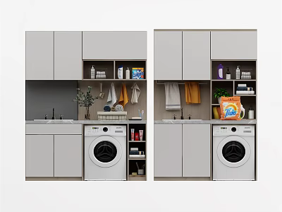 Modern Gray Bathroom Cabinet With Washing Machine Storage Shelves And Toiletries 3d model
