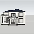 Two Story White Detached Villa With Blue Roof Balcony And Green Trees