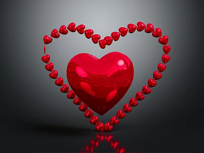 Small Red Hearts Form Large Outline Around Red Heart Balloon on Dark Background with Reflection 3d model