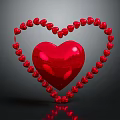 Small Red Hearts Form Large Outline Around Red Heart Balloon on Dark Background with Reflection