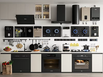 Modern Kitchen Interior Displaying Various Appliances Range Hood Microwave Coffee Maker And Oven 3d model