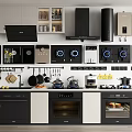 Modern Kitchen Interior Displaying Various Appliances Range Hood Microwave Coffee Maker And Oven