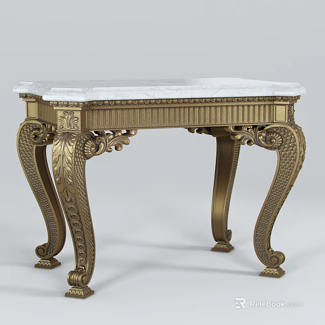 Elegant Console Table With Gold Metal Carved Frame And White Marble Top 3d model 