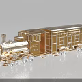 Detailed Golden Steam Train Model With Steam Locomotive Carriage And Decorative Wheels
