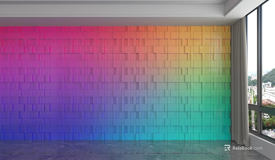 Modern Rainbow Gradient Cube Background Wall With Colorful Decorative Blocks 3d model 
