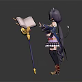 Anime Game Character with Cat Ears Purple Long Hair Purple Blue Dress and Yellow Staff