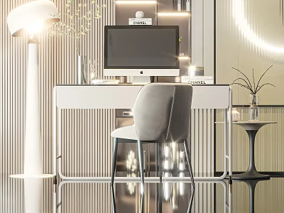 Modern Home Office Interior With White Desk Gray Chair Computer Monitor Floor Lamp And Mirror 3d model