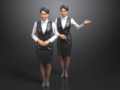 Two Female Service Staff In Black And White Uniform Standing With Hand Gesture 3d model