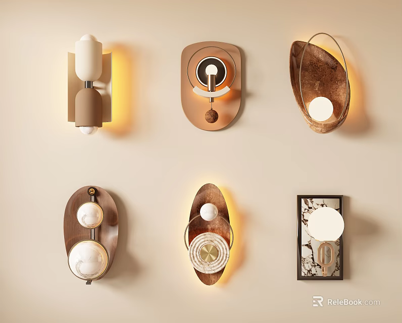 Modern Wall Lamps With Various Designs Wooden Metal Mounted On Beige Wall Warm Light 3d model 