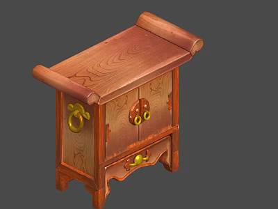 Traditional Wooden Wall Cabinet With Curved Top Drawers Doors And Golden Decorative Hardware 3d model
