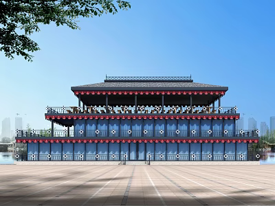 Two Story Chinese Style Building With Red Decoration Balcony Waterfront Square And City Skyline 3d model
