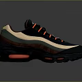 Dark Blue Brown Beige Retro Sports Sneakers With Red Air Cushion Sole And Orange Laces