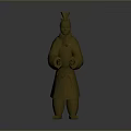 Golden Terracotta Warrior Sculpture With Traditional Attire And Headgear In Standing Pose