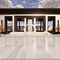 Grand Entrance Gate Landscape With Central Fountain Stone Pathway Lawn And Trees