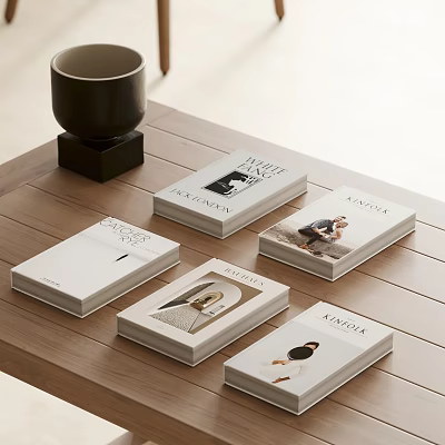 Decorative Ornament Set Featuring White Cover Books Black Cup And Black Base On Wooden Table 3d model