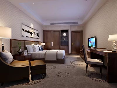 Elegant Hotel Guest Room With King Bed Decorative Painting Wooden Wardrobe And Desk Lamp 3d model