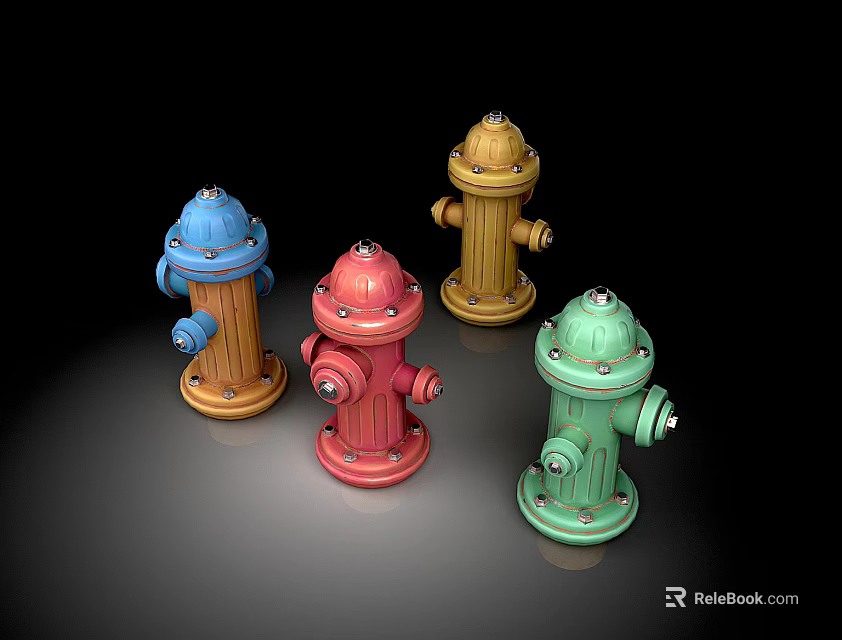 Colorful Fire Hydrants Fire Equipment Display With Different Colors Blue Red Yellow Green Base Setup 3d model 