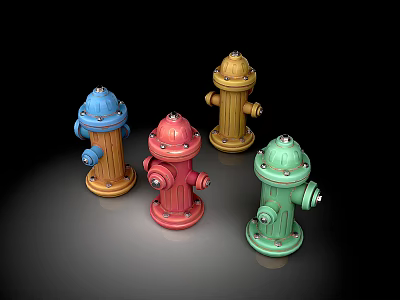 Colorful Fire Hydrants Fire Equipment Display With Different Colors Blue Red Yellow Green Base Setup 3d model