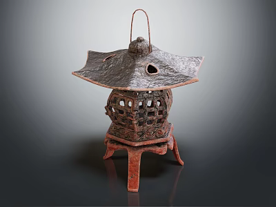 Traditional Candle Lantern With Intricate Lattice Design Pagoda Style Top And Four Legged Base 3d model