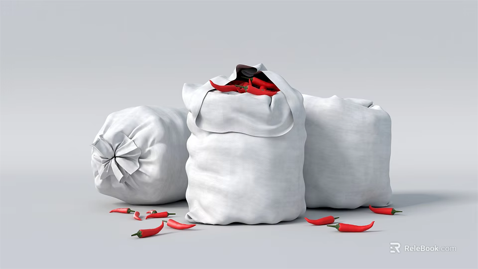 Open White Storage Bags With Red Chili Peppers And Scattered Peppers 3d model 